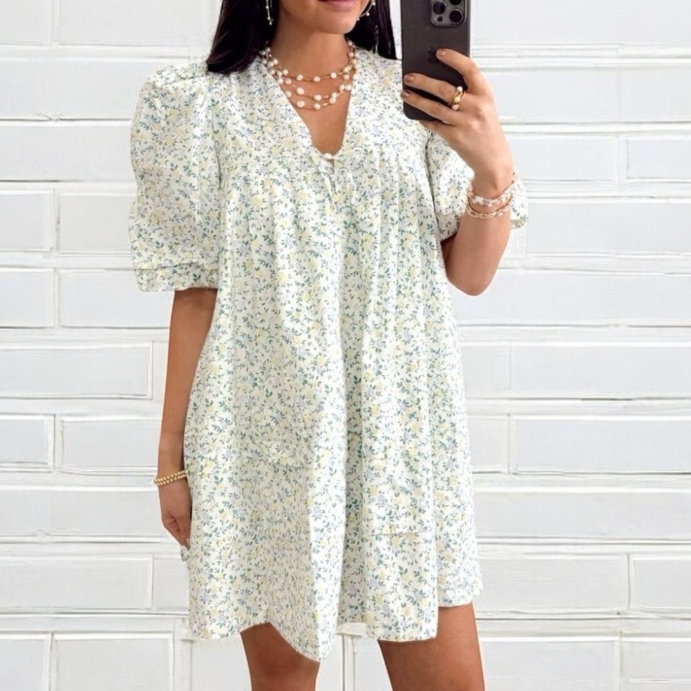 Mable Puff Sleeve Floral Mini Babydoll Dress Size Large White Green Cottagecore